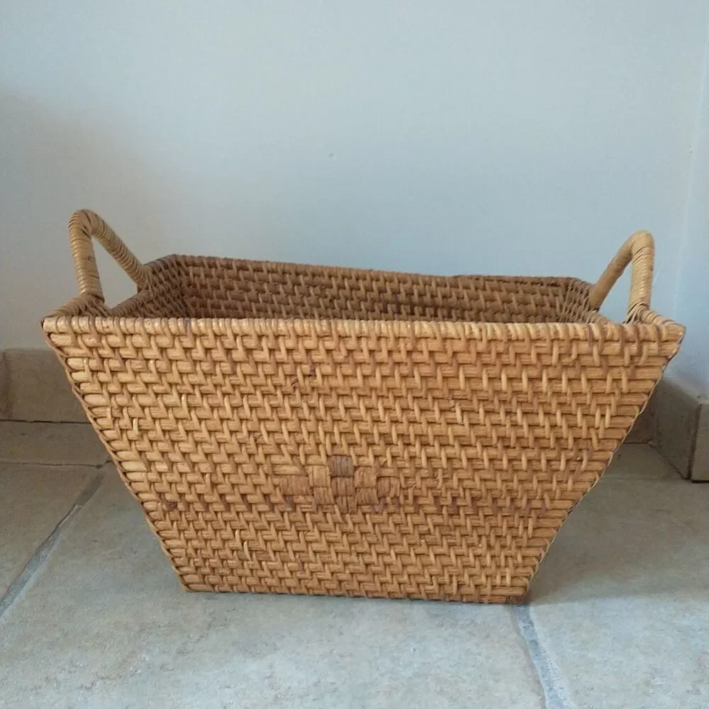 Wicker Rattan Basket Tight Braid Double Handle Rectangle Brown Cottage Indonesia
